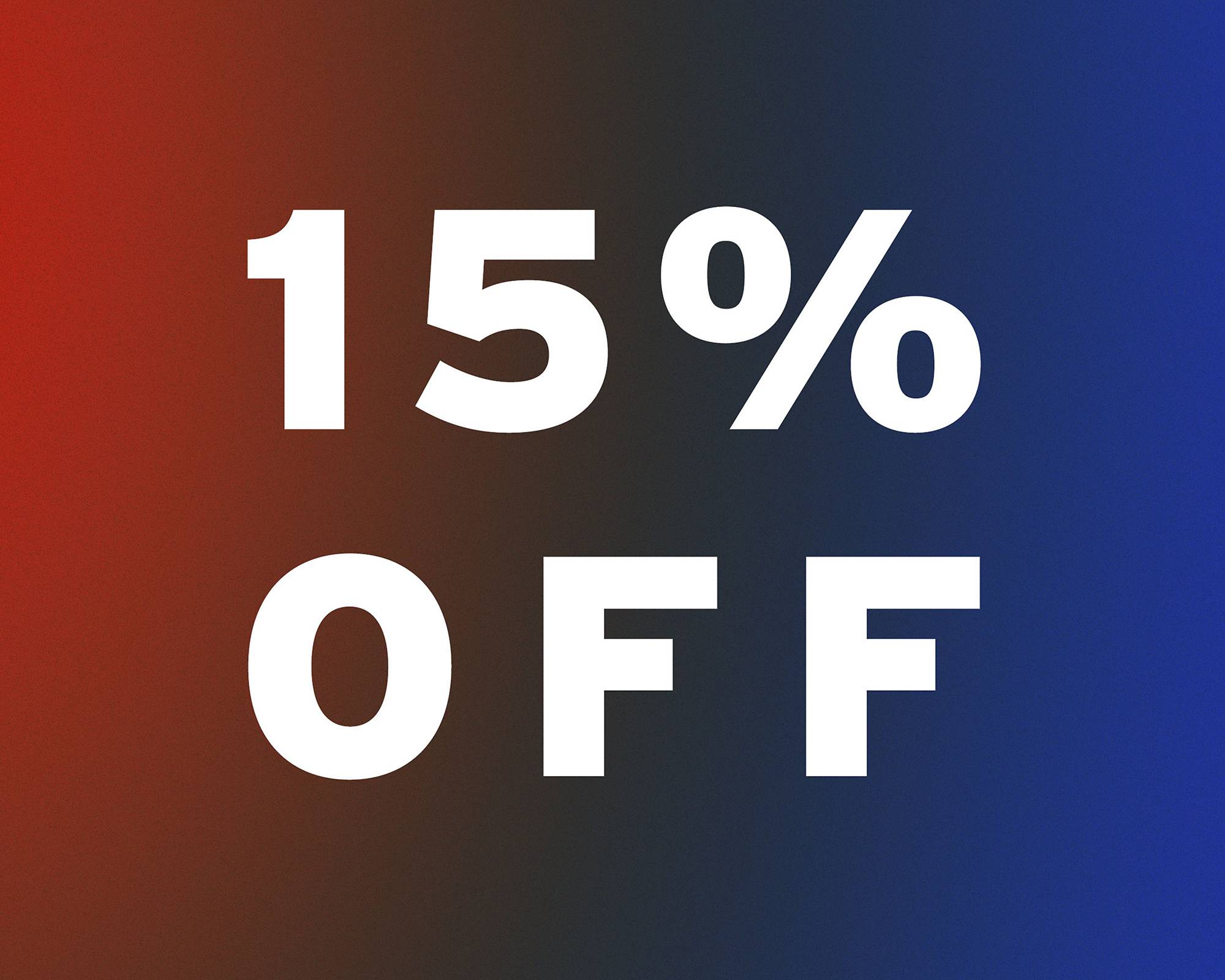 Red, black and blue gradient texture plate with white "15% OFF" text treatment on top