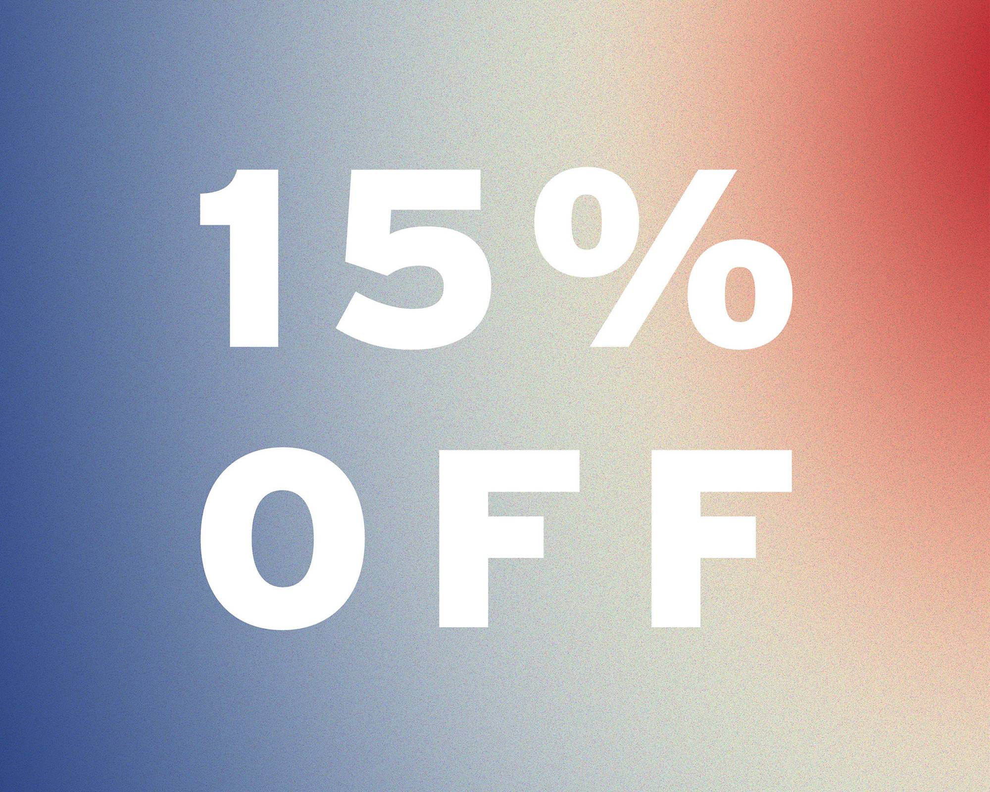 Red, white and blue gradient texture plate with white "15% OFF" text treatment on top