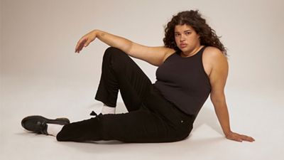 Close-up of the back of a pair of black jeans.