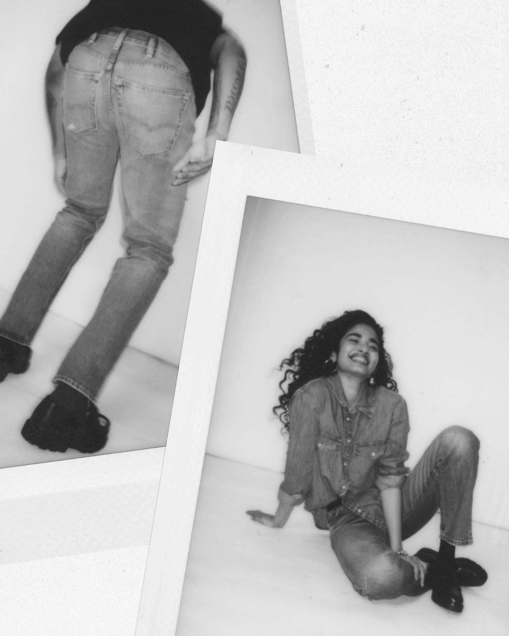 Black and white polaroid pictures of models in men and women's straight cut jeans
