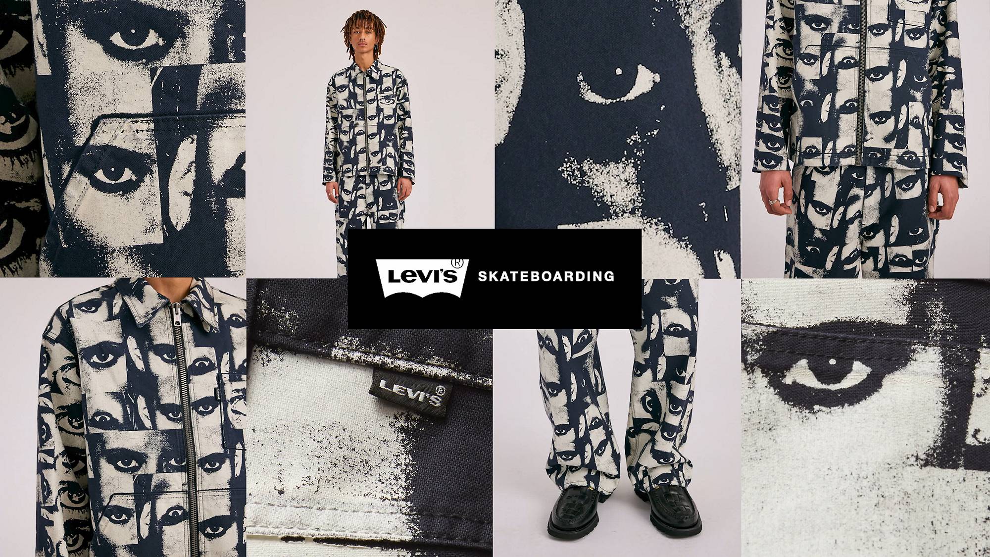 Grid animation of a black and white eye print with the Levi's® Skateboarding logo centered