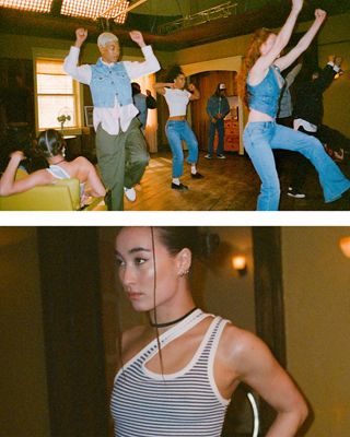 Person wearing Levi's jeans with a hospital gown on, cast on a foot while walking with crutches.