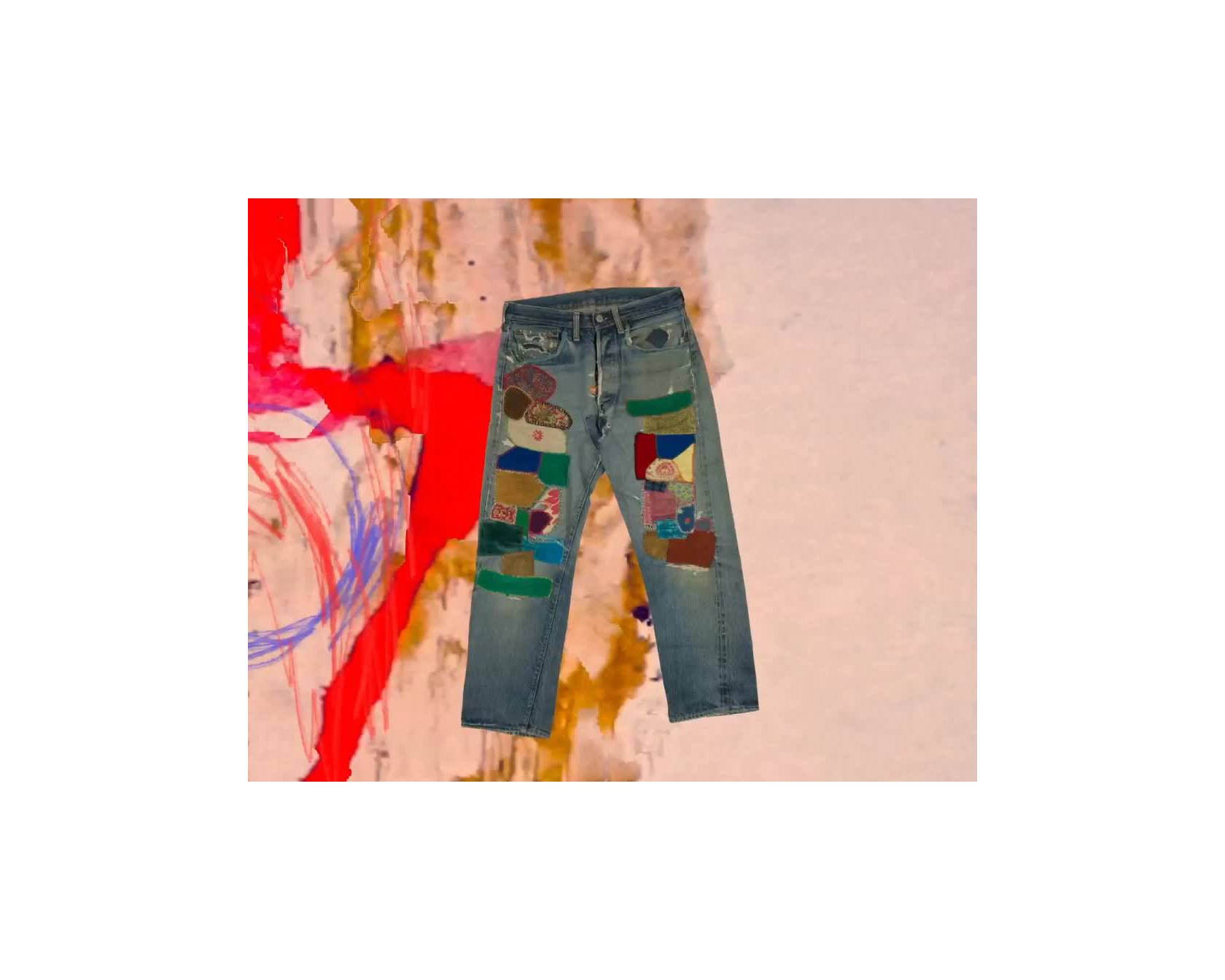 Video of customized 501 jeans with fun design and patchwork, and people wearing 501 jeans.