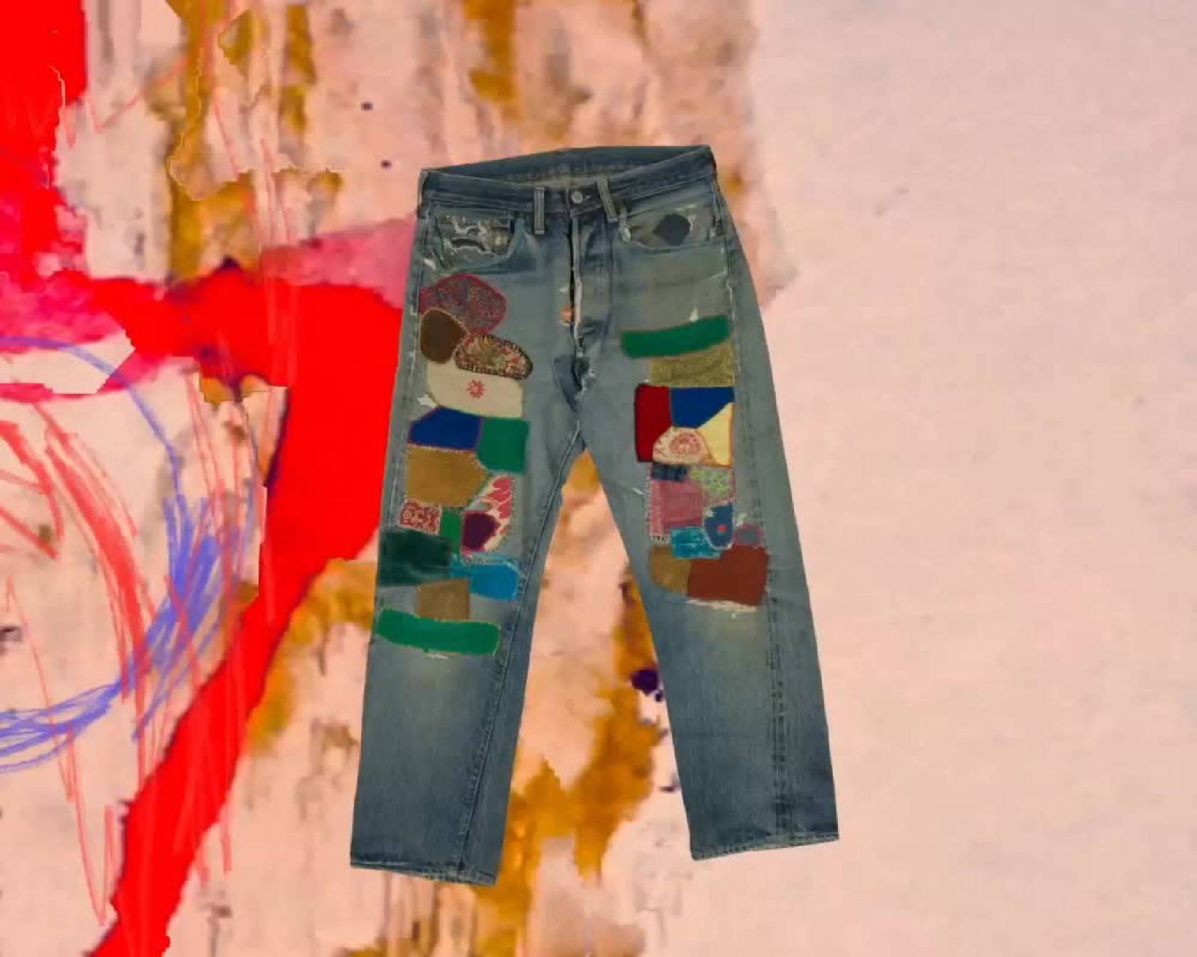 Video of customized 501 jeans with fun design and patchwork, and people wearing 501 jeans.