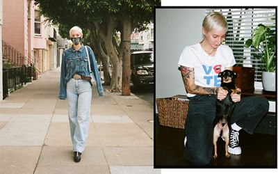 Side by side images of Megan Greene. In the first, she's wearing a face mask, a denim Trucker Jacket buttoned-up, and wide-leg light blue Levi's jeans. In the second image, she's holding her dog and wearing a white Vote tee, dark Levi's jeans, and black Converse sneakers.