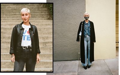 Photos of Megan Greene's outfits.