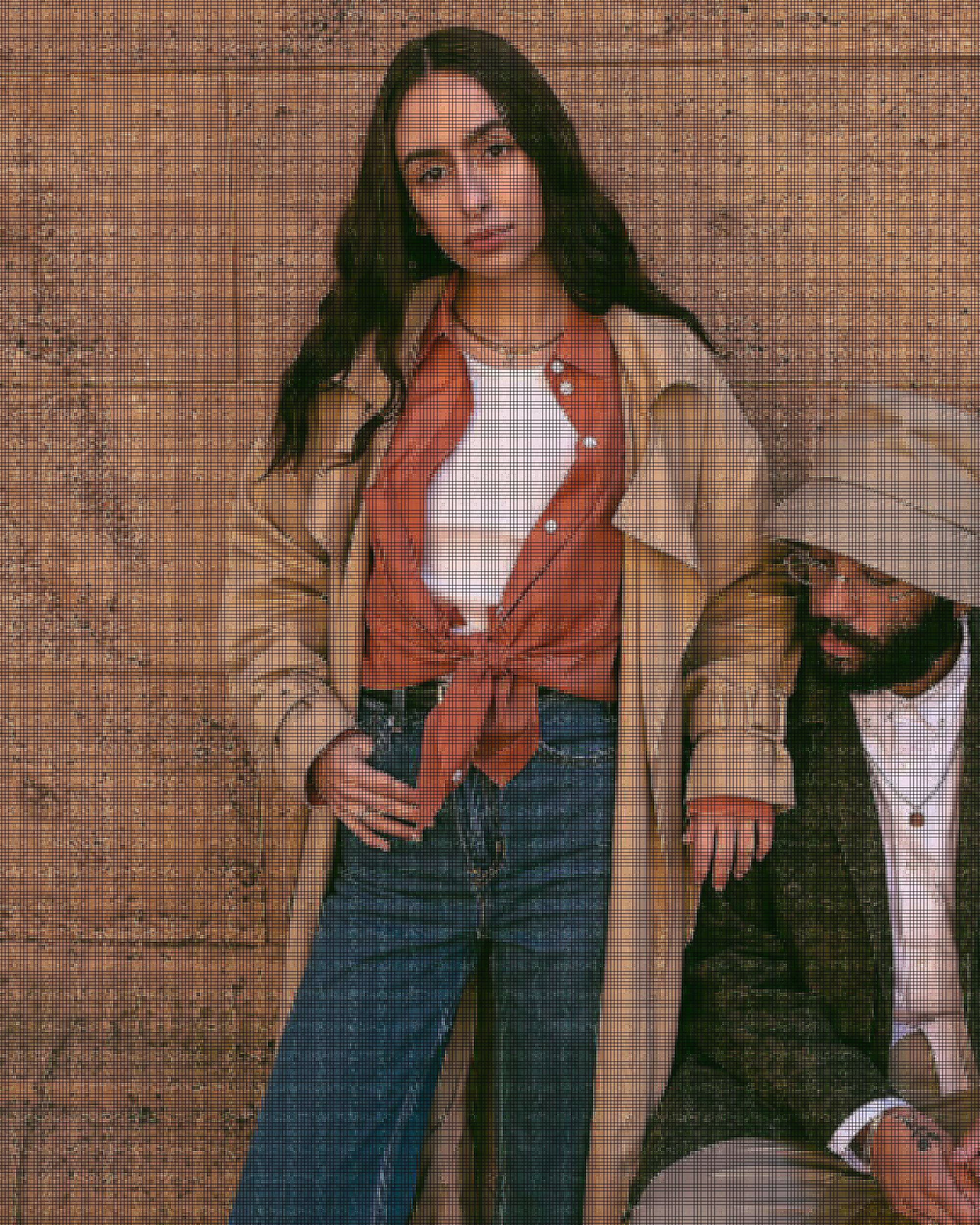 Three images of Levi's® employees Adeline Hocine and Paul Bellas. The left image is of Paul in a green camo jacket. The middle image is of Adeline in an orange blouse and camel trench coat with her arm resting on Paul sitting against a wall. The right image is of Adeline sunkissed while sitting in a pair of blue jeans and surrounded by monstera plants.