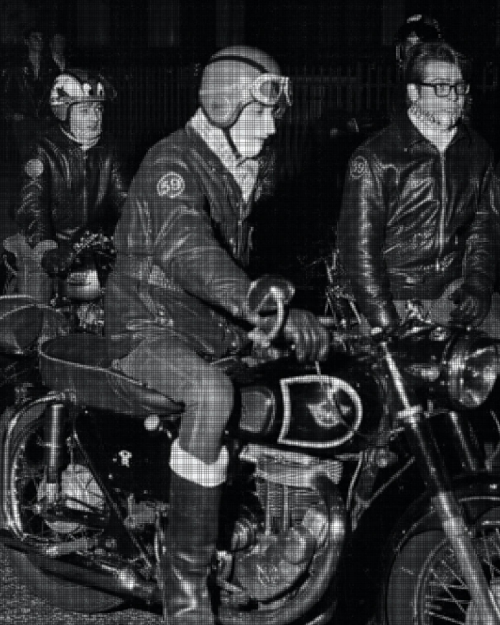 Two photos, the first black and white with three men on motorcycles and the second shows a group of people sitting outside on the ground wearing Levi's