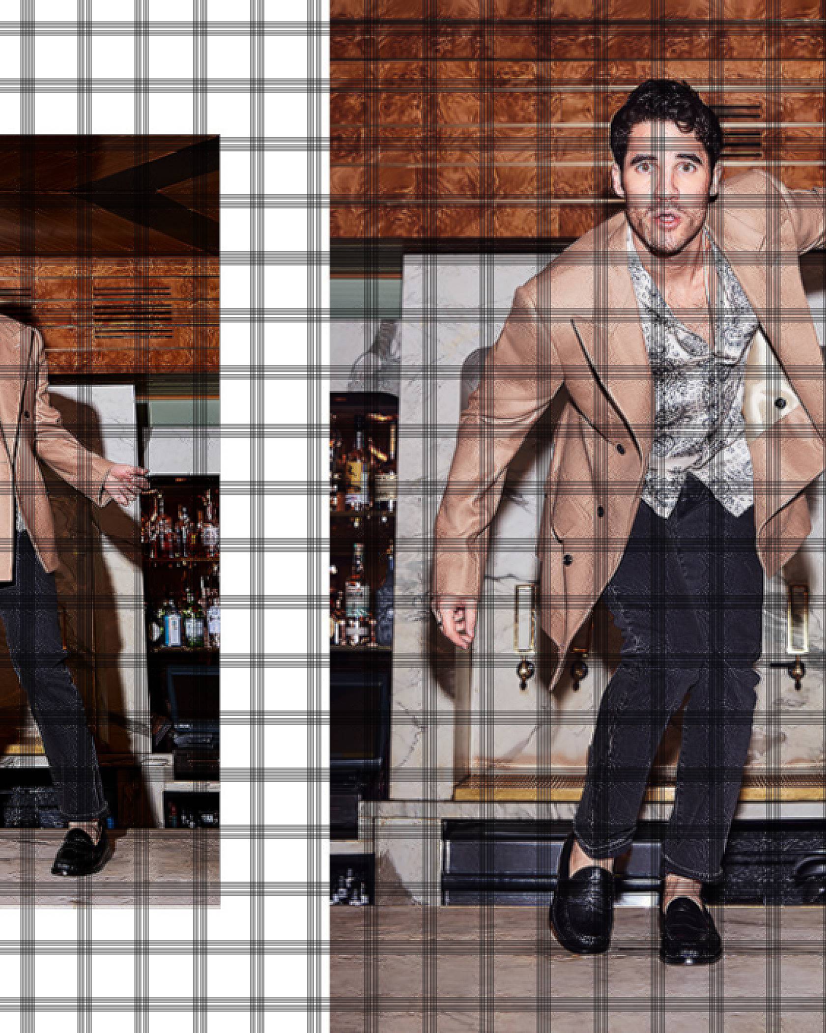 Two images of Criss, both dancing, wearing a beige coat and black jeans.