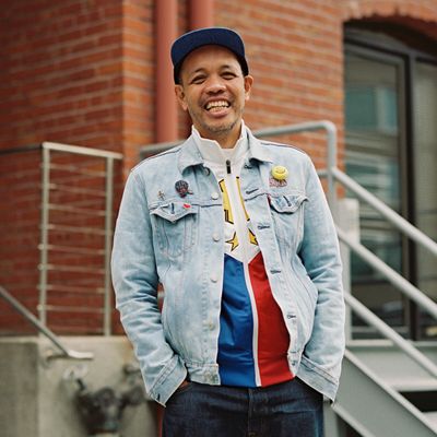 PAI NITIBHON wearing a levi's jacket and the words, "My squares highlight what I love and am proud of: my family, my Filipino heritage, food and skateboarding. I wanted to break stereotypes and show the diversity that exists within AAPI communities." over the top