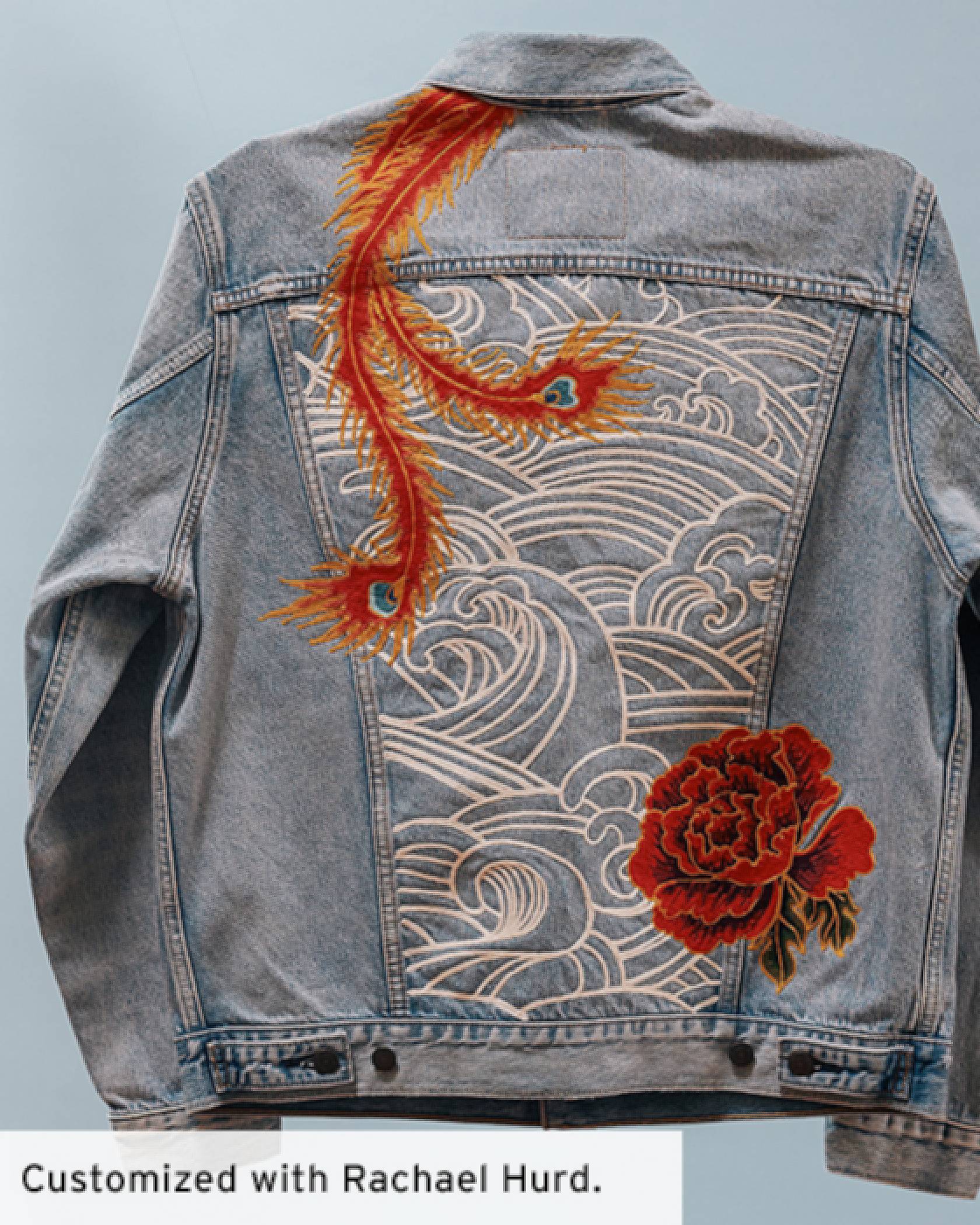 A customized trucker jacket with flowers and waves