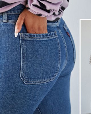 Four images of Levi's® employee, Amber - left image is of her wearing a purple zebra print sweatshirt and neon green hat, middle left image is a closer shot of her hand in her butt pocket while she's wearing a pair of jeans, middle right image is of Amber wearing a tee shirt, jeans, and a green jacket, and the far right image is of Amber wearing a floral printed top.