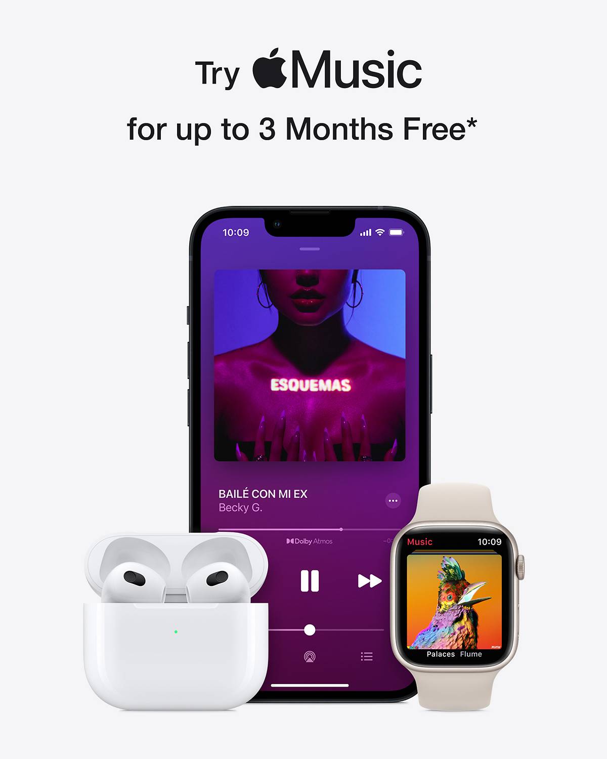 Image of an iPhone, Airpods, and Apple Watch. 