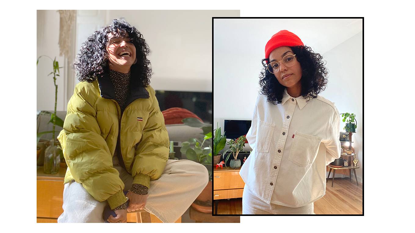 Two side by side images of Micaela Stuart's outfits at-home.