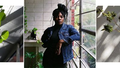 Portrait of Mennlay Golokeh Aggrey in her home with images of cannabis on either side of the portrait.