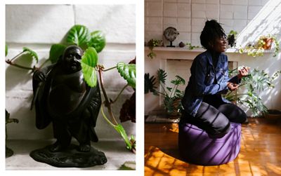 Two side by side images. The first image is of a Buddha statue. The second image is of Mennlay Golokeh Aggrey sitting on her meditation cushion in her home. She is wearing a black turtleneck, black jeans, and a Levi's Trucker Jacket. She is laughing and there are many plants behind her.