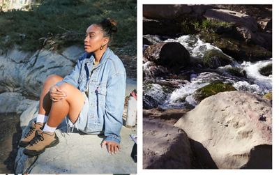 Two side by side images. The first photo features Evelynn Escobar-Thomas sitting on a rock in the outdoors. The second photo features a river flowing in-between rocks.