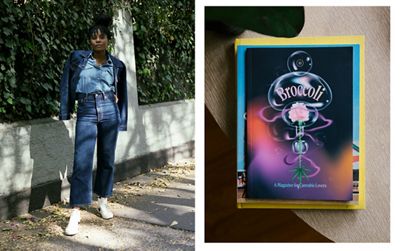 Two side by side images. In the first image, Mennlay Golokeh Aggrey is standing outside wearing a Levi's Trucker Jacket, Western Shirt, and jeans with white sneakers. In the second image, a copy of Broccoli Magazine sits on a stack of other publications on a coffee table.