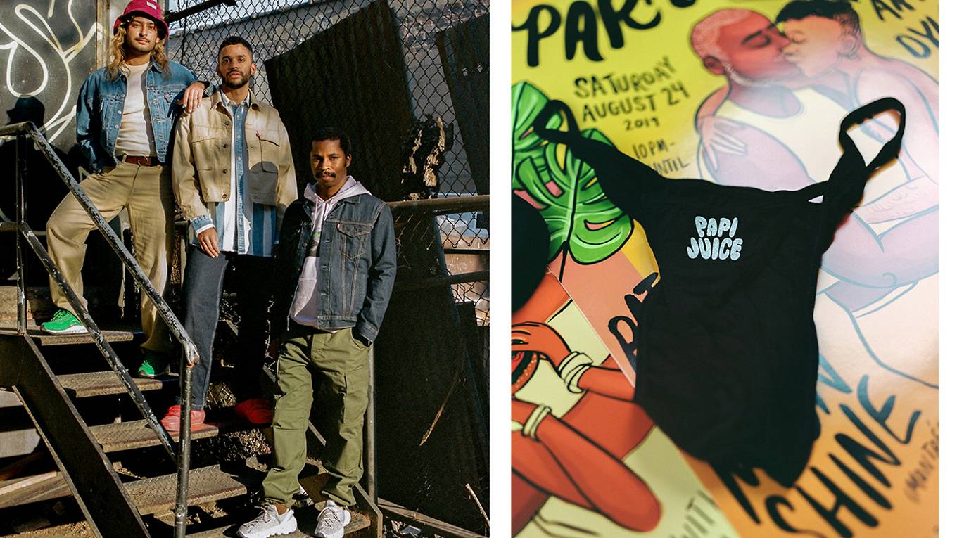 Left: Portrait of the Papi Juice collective standing outside. Right: Close-up of Papi Juice merch.