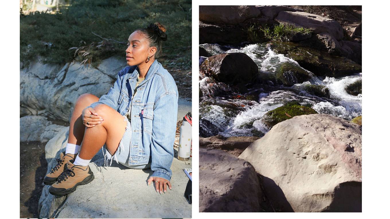 Two side by side images. The first photo features Evelynn Escobar-Thomas sitting on a rock in the outdoors. The second photo features a river flowing in-between rocks.