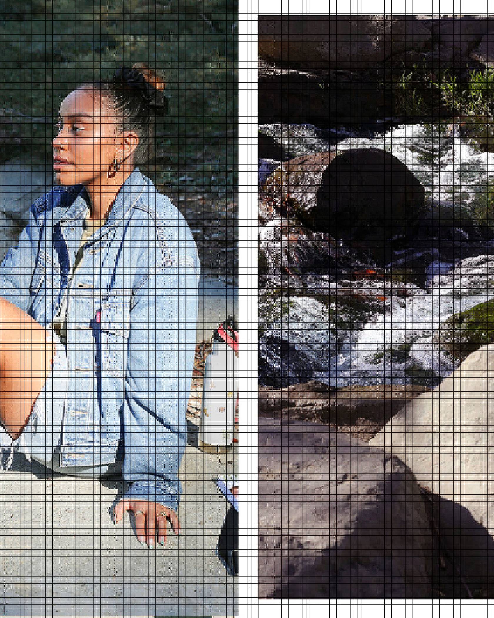 Two side by side images. The first photo features Evelynn Escobar-Thomas sitting on a rock in the outdoors. The second photo features a river flowing in-between rocks.