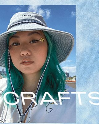 A gif of two photos, the left photo is a close up of a women's face wearing a hat and white long sleeve and the right photo is a man wearing a blue tye dye shirt and jeans. The photo is overlaid by text saying, "arts and crafts"