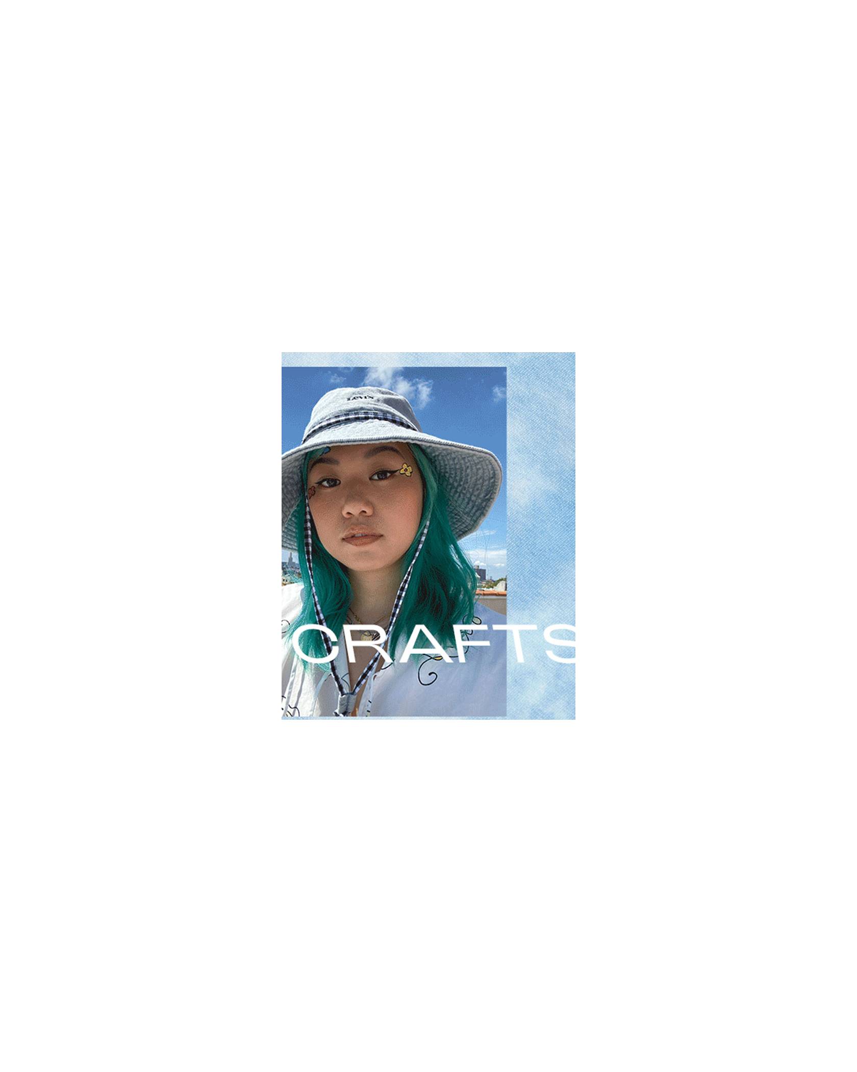 A gif of two photos, the left photo is a close up of a women's face wearing a hat and white long sleeve and the right photo is a man wearing a blue tye dye shirt and jeans. The photo is overlaid by text saying, "arts and crafts"