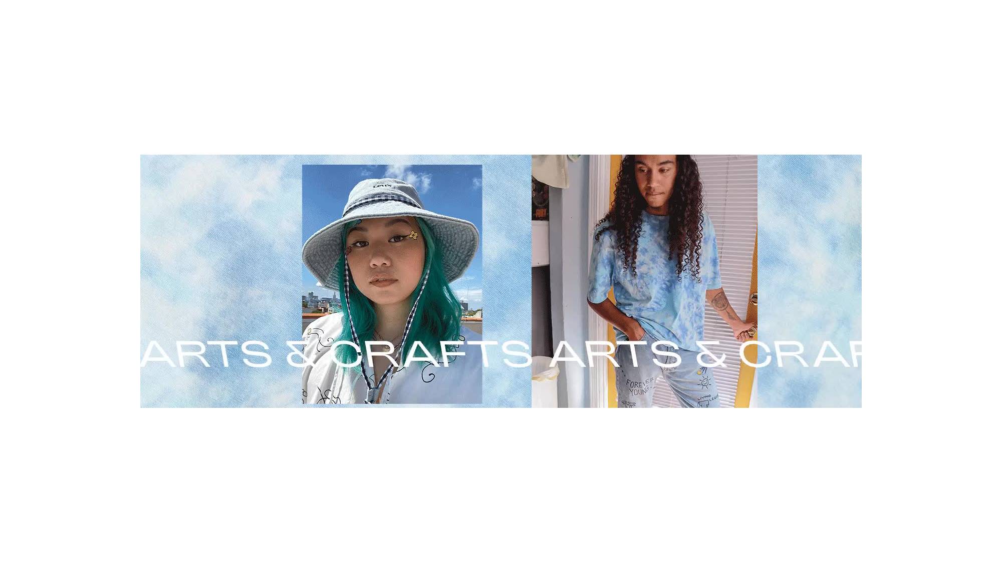 A gif of two photos, the left photo is a close up of a women's face wearing a hat and white long sleeve and the right photo is a man wearing a blue tye dye shirt and jeans. The photo is overlaid by text saying, "arts and crafts"