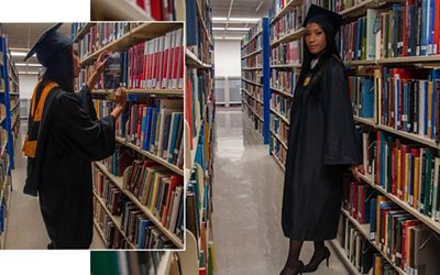 Side by side images of Asia Medley in a library wearing her graduation cap and gown.