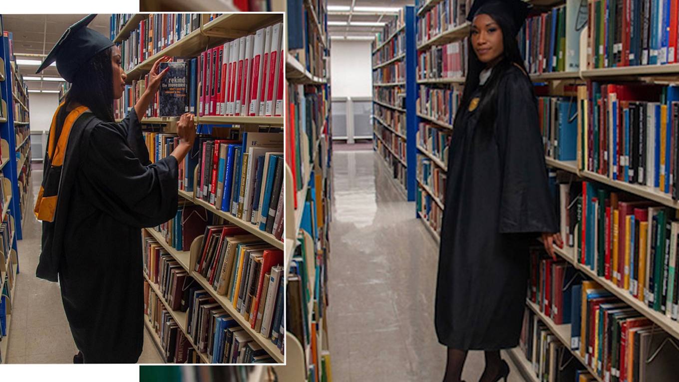 Side by side images of Asia Medley in a library wearing her graduation cap and gown.