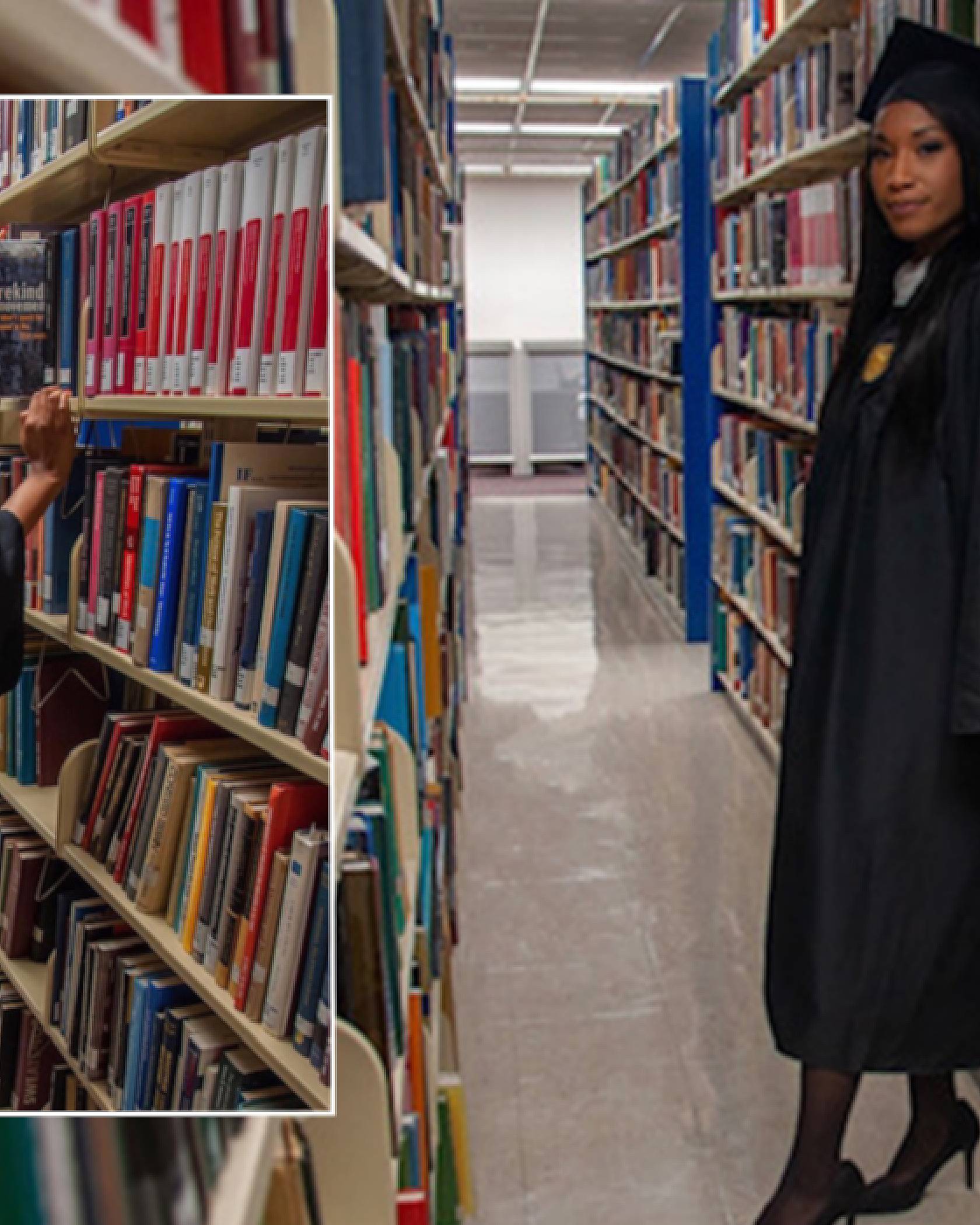 Side by side images of Asia Medley in a library wearing her graduation cap and gown.