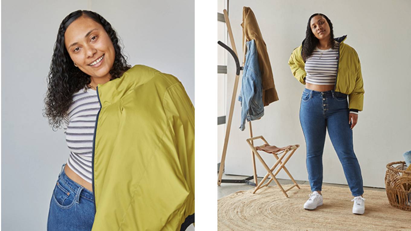 Two images of Levi's® employee, Amber - the left image is of Amber wearing a striped tee shirt, Wedgie Jeans, and a mustard colored jacket hanging on her left shoulder. The right image is of Amber wearing the same outfit of the left, standing next to a coat rack that has a denim jean jacket hanging on it.