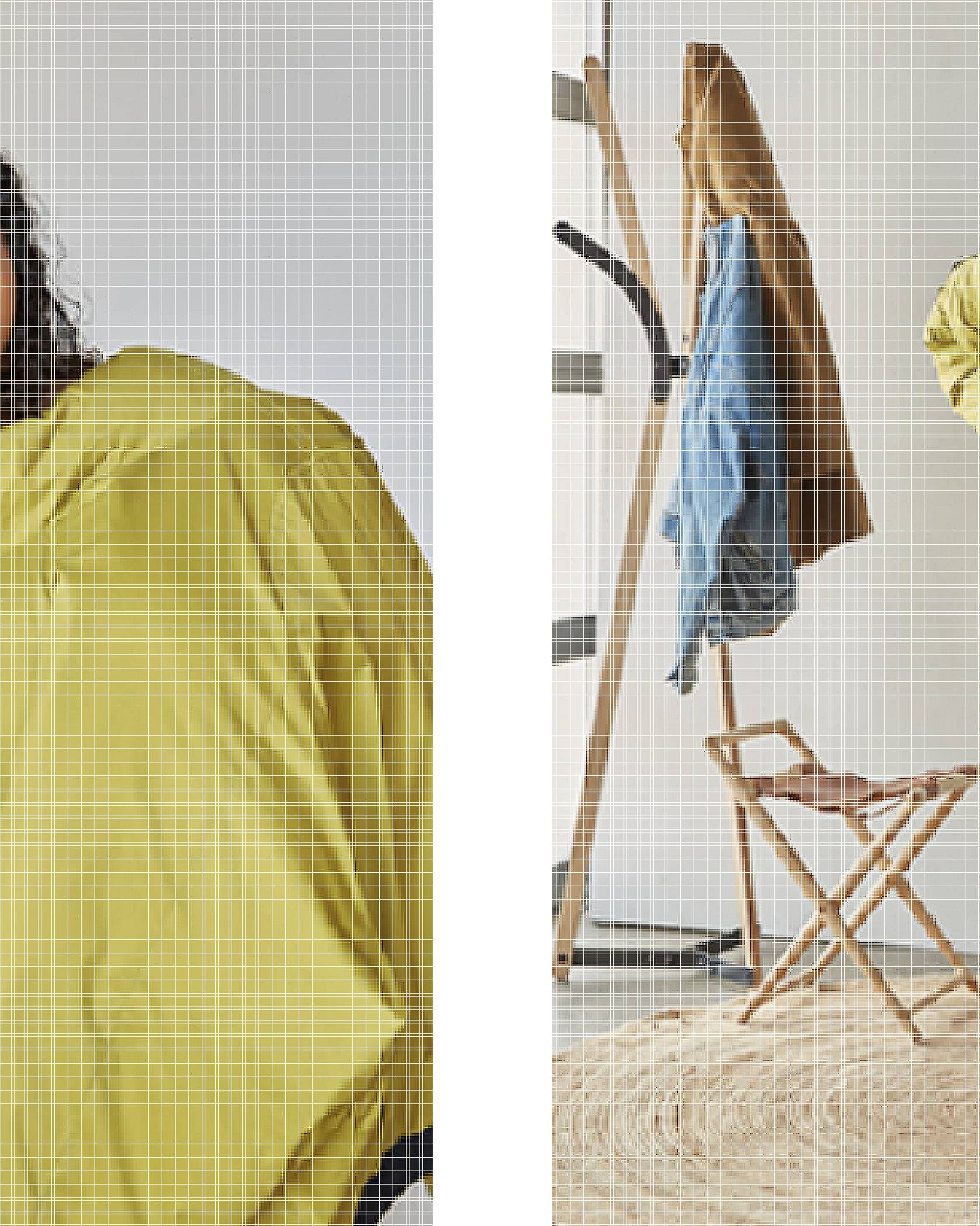 Two images of Levi's® employee, Amber - the left image is of Amber wearing a striped tee shirt, Wedgie Jeans, and a mustard colored jacket hanging on her left shoulder. The right image is of Amber wearing the same outfit of the left, standing next to a coat rack that has a denim jean jacket hanging on it.