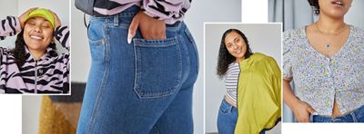 Four images of Levi's® employee, Amber - left image is of her wearing a purple zebra print sweatshirt and neon green hat, middle left image is a closer shot of her hand in her butt pocket while she's wearing a pair of jeans, middle right image is of Amber wearing a tee shirt, jeans, and a green jacket, and the far right image is of Amber wearing a floral printed top.