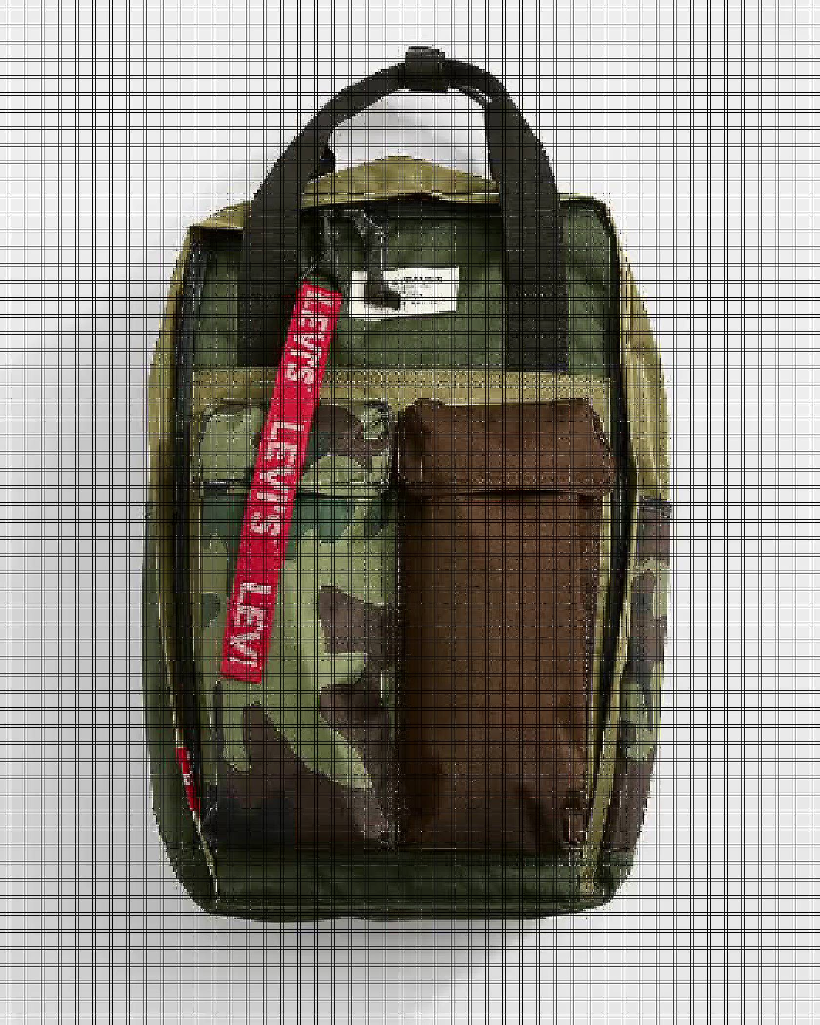Camo backpack with red strap, gif