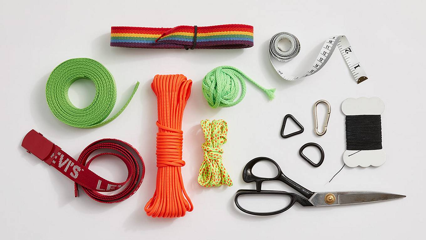 Flat image of necessities needed to how to customize your backpack - scissors, ruler, thread, etc