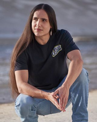 Three photos, one of a bridge, one of Xiuhtezcatl squatting on the ground and one of a close up shot of the breast pocket of a Levi's button up shirt.