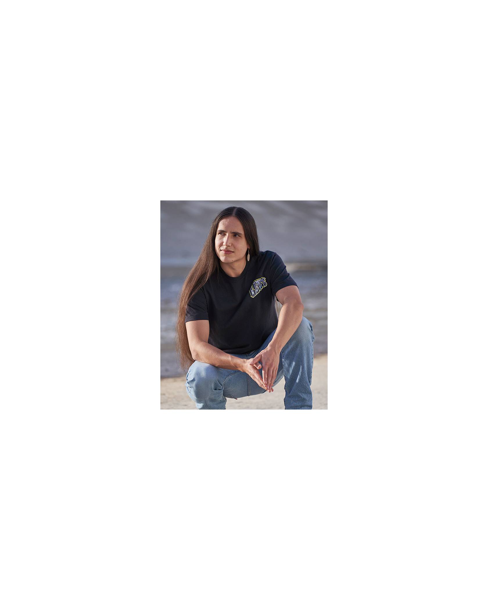 Three photos, one of a bridge, one of Xiuhtezcatl squatting on the ground and one of a close up shot of the breast pocket of a Levi's button up shirt.