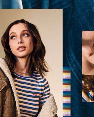 Three photos overlaid on a photo of jeans. The first photo shows the back pocket of Emma's Levi jeans. The second photo is a portrait shot of Emma Chamerlain wearing a striped Levi's shirt and a Levi's brown sherpa trucker. The third photo is a closeup shot of Emma's smiling face.