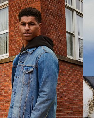 Three photos overlaid on a photo of blue sky. The first photo is a closeup shot of the breast pocket of a Levi's Trucker jacket, the second photo is Marcus Rashford standing in front of a brick building wearing a black hoodie under a Levi's Trucker Jacket and the third photo shows the corner of a simple soccer goal with no net in black and white.