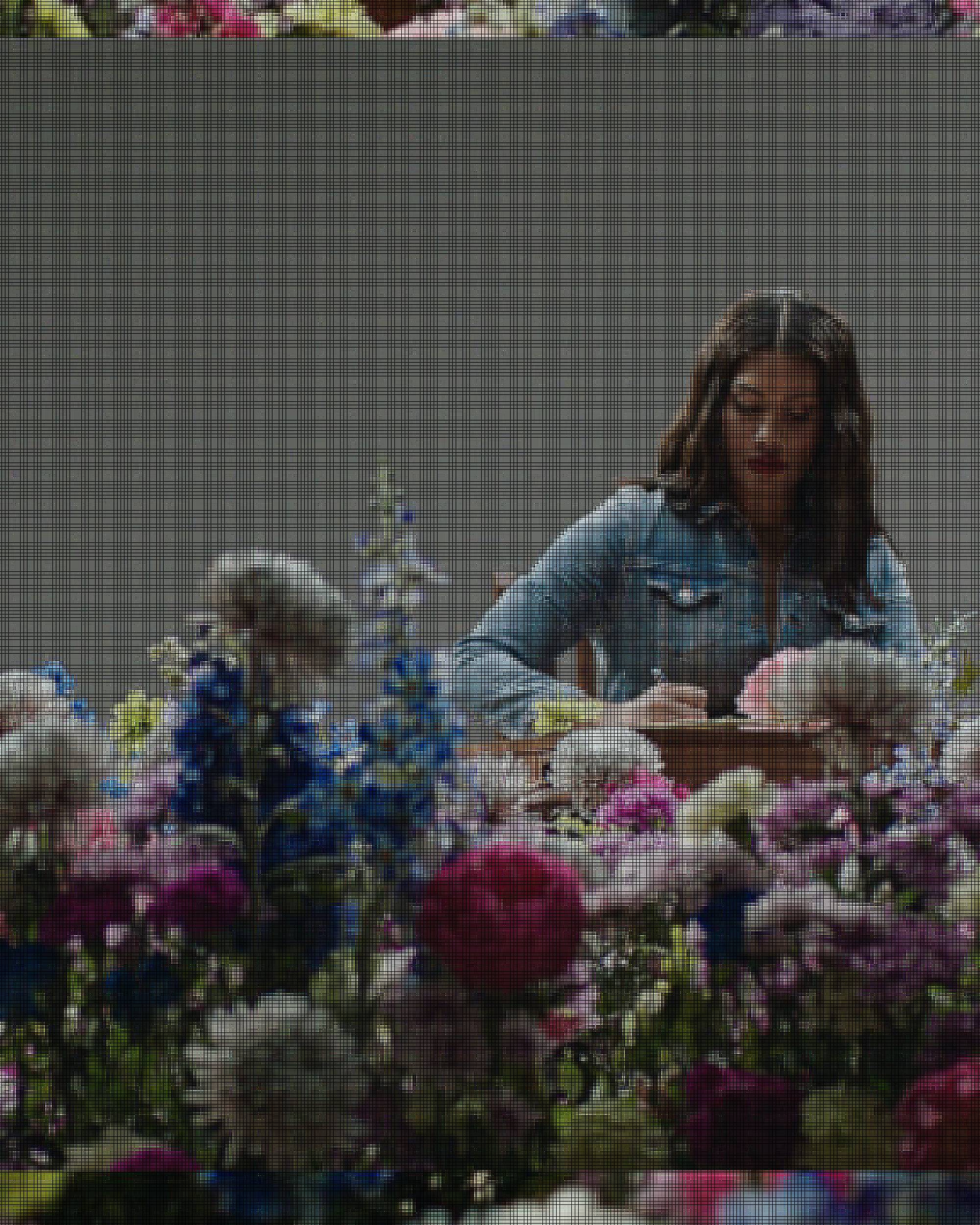 Image of Leyna Bloom sitting at a wooden desk, wearing a denim western shirt, writing on a stack of papers while surrounded by colorful flowers.