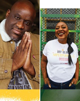 Man with his hands together and woman smiling.