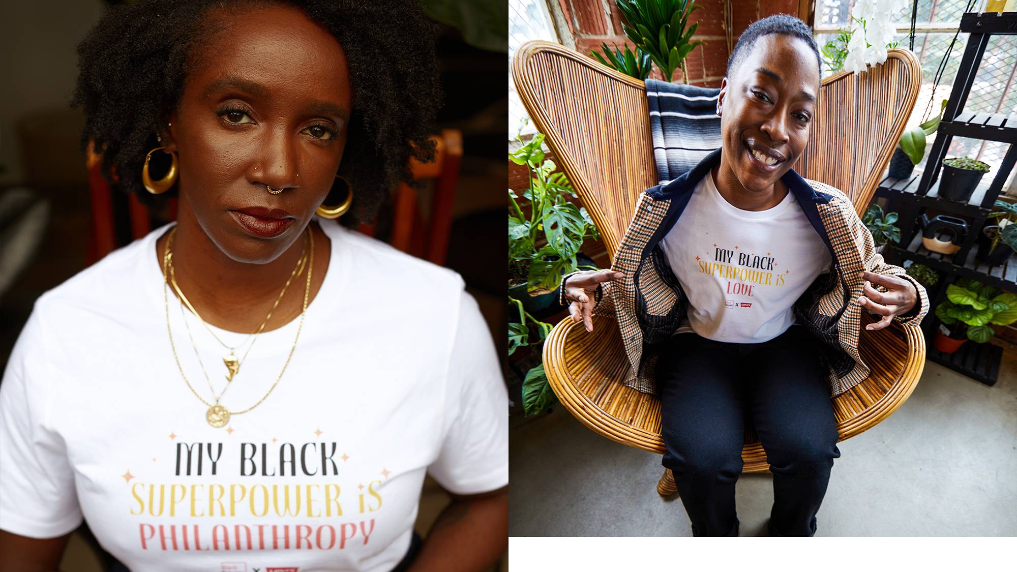 Two women sitting in chairs wearing black philanthropy shirt.