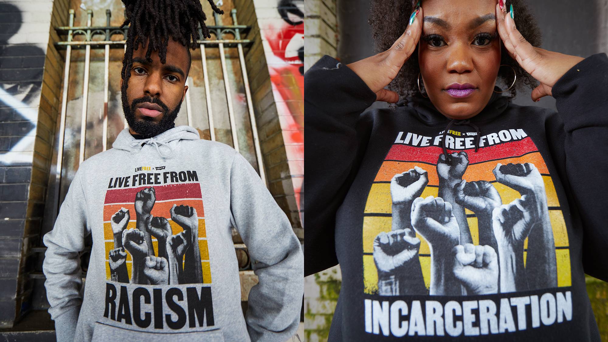 side by side photos of a man and women wearing live free sweatshirts.