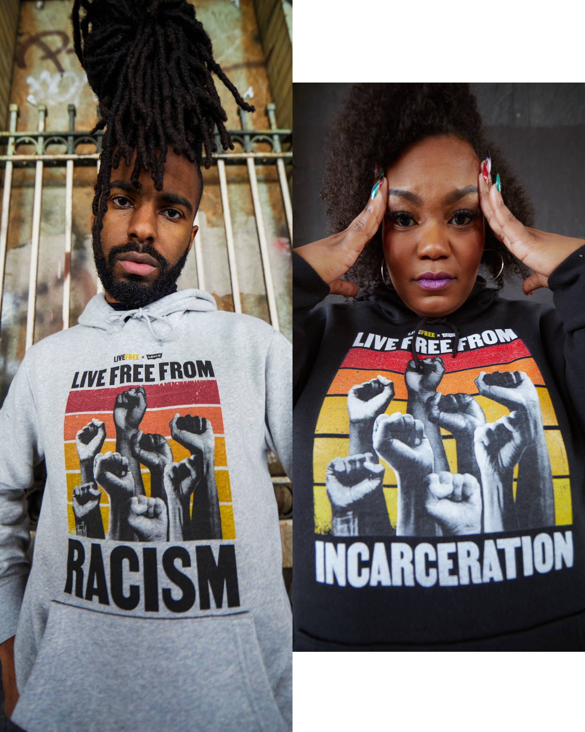 side by side photos of a man and women wearing live free sweatshirts.