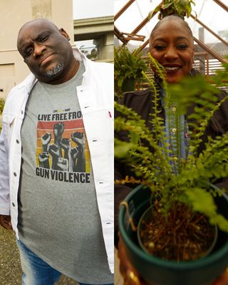 2 men and a women holding a plant