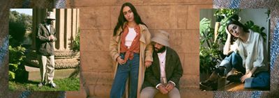 Three images of Levi's® employees Adeline Hocine and Paul Bellas. The left image is of Paul in a green camo jacket. The middle image is of Adeline in an orange blouse and camel trench coat with her arm resting on Paul sitting against a wall. The right image is of Adeline sunkissed while sitting in a pair of blue jeans and surrounded by monstera plants.