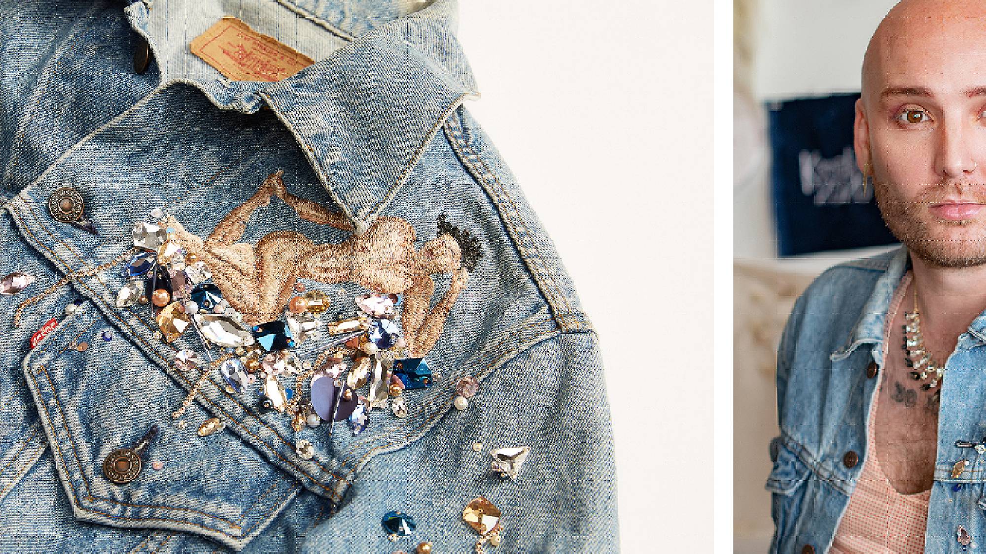 Two images of the Levi's® x Michael-Birch Pierce collaboration. The right image if a close-up shot of the embroidery on the trucker jacket for the collaboration. The right image is of Michael-Birch Pierce wearing the jacket they created.