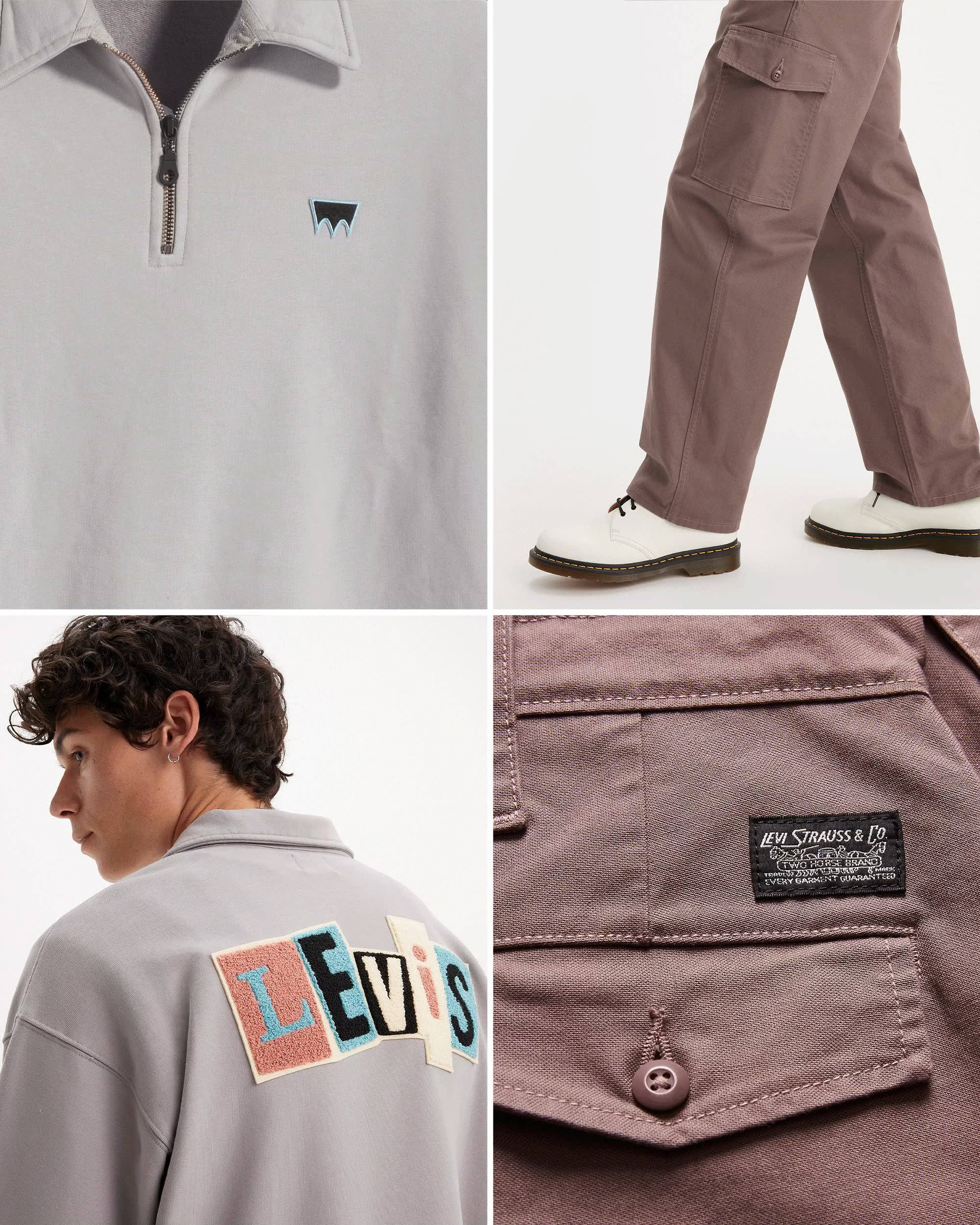 Grid featuring closeup shots contrasted by on model images of new skateboarding collection products