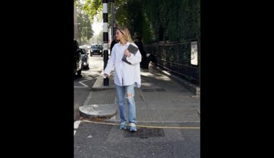On the left is a video of Claire Rose walking across the street wearing a white button down, blue jeans, and blue New Balance sneakers. On the right is a close up image of Claire's blue New Balance sneakers